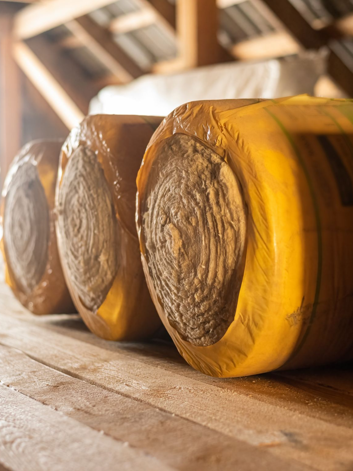 Trois rouleaux d'isolant enveloppés de jaune sur des planches à l'intérieur d'un bâtiment.