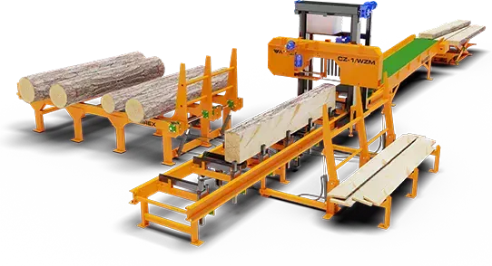 Eine Maschine schneidet Baumstämme auf einem Förderband.