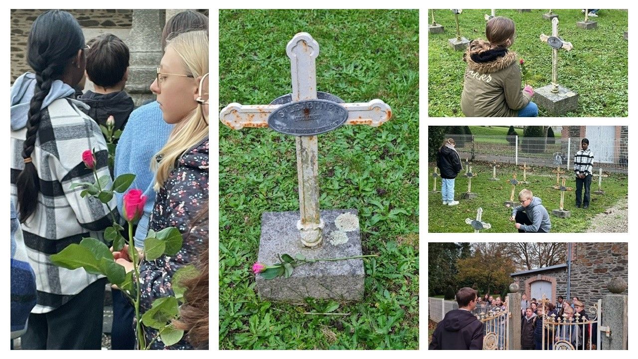 Collage de personnes visitant un cimetière herbeux et une croix de pierre tombale dans un jardin
