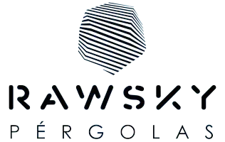 Logotipo de “RAWSKY” con una forma geométrica abstracta arriba y “PÉRGOLAS” abajo.