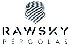 Logotipo de “RAWSKY” con una forma geométrica abstracta arriba y “PÉRGOLAS” abajo.