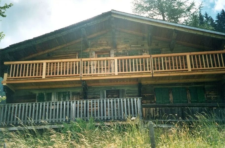 Cabane rustique en bois avec un long balcon et des volets verts, entourée d'une végétation luxuriante.