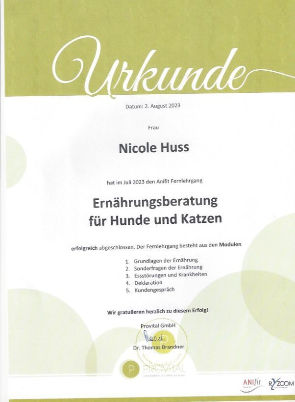 A certificate for nicole huss says ernährungsberatung for hunde und katzen