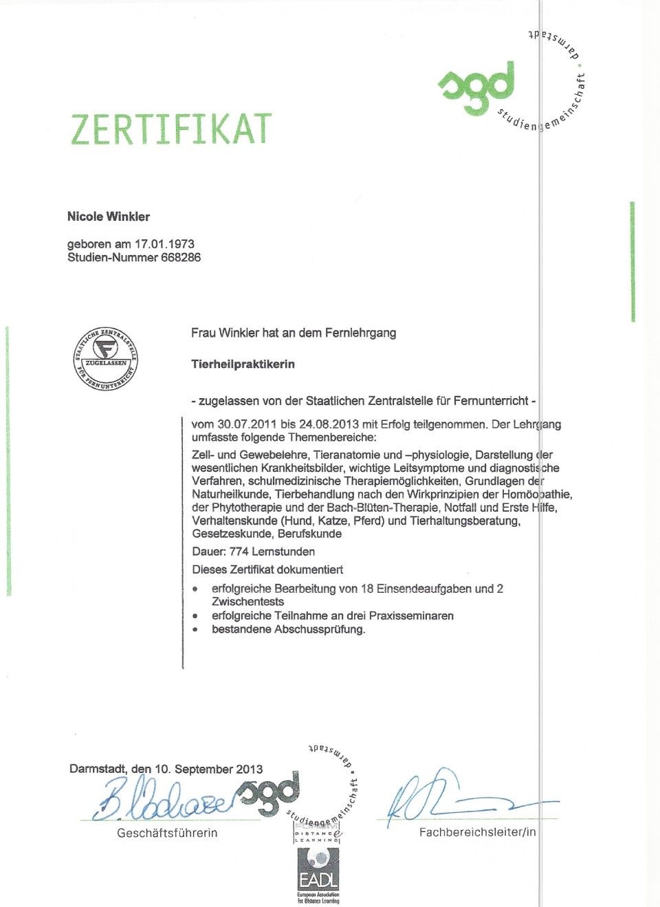 Zertifikat Praxis Pfotentreff