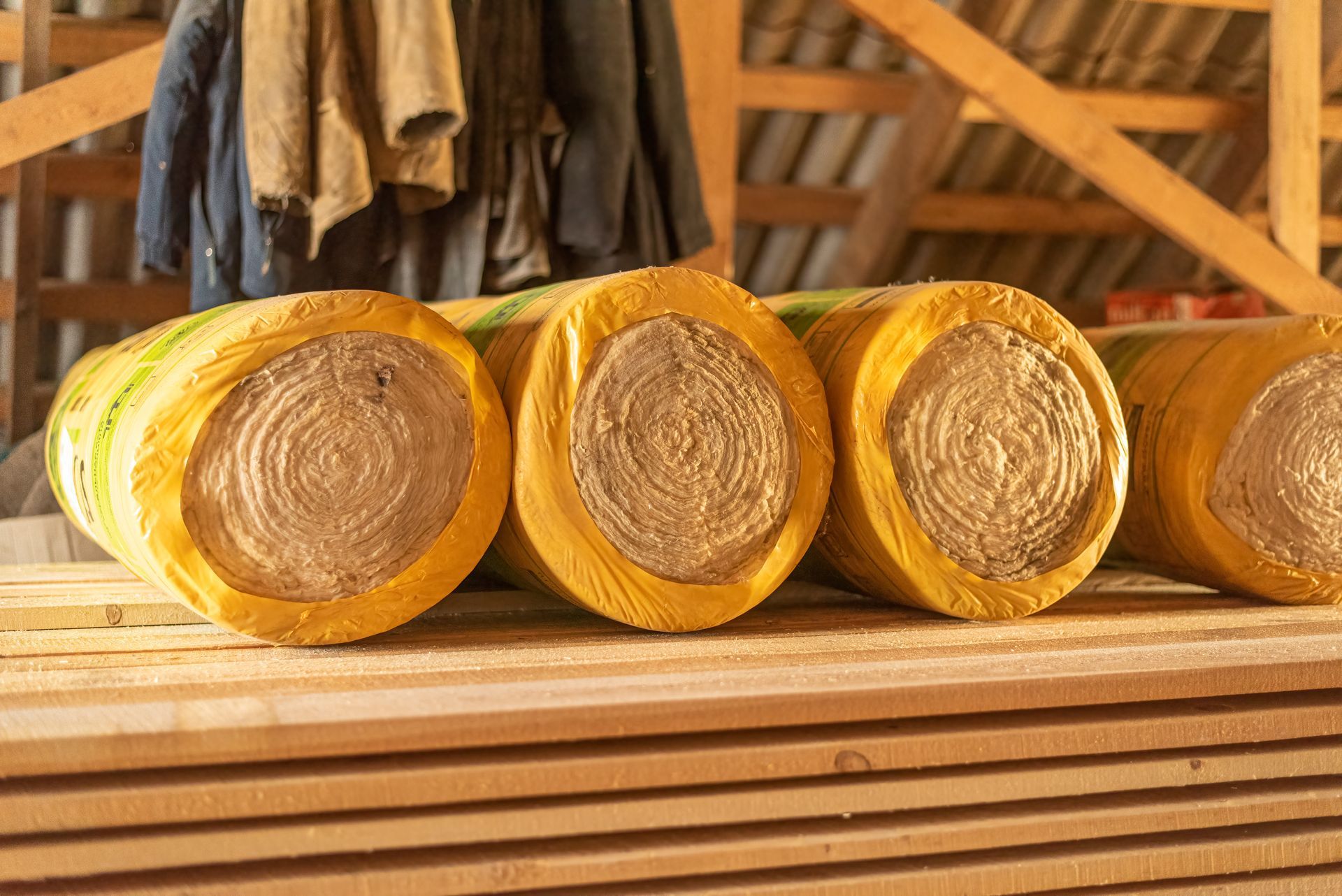 Rouleaux de matériaux isolants posés sur des planches en bois