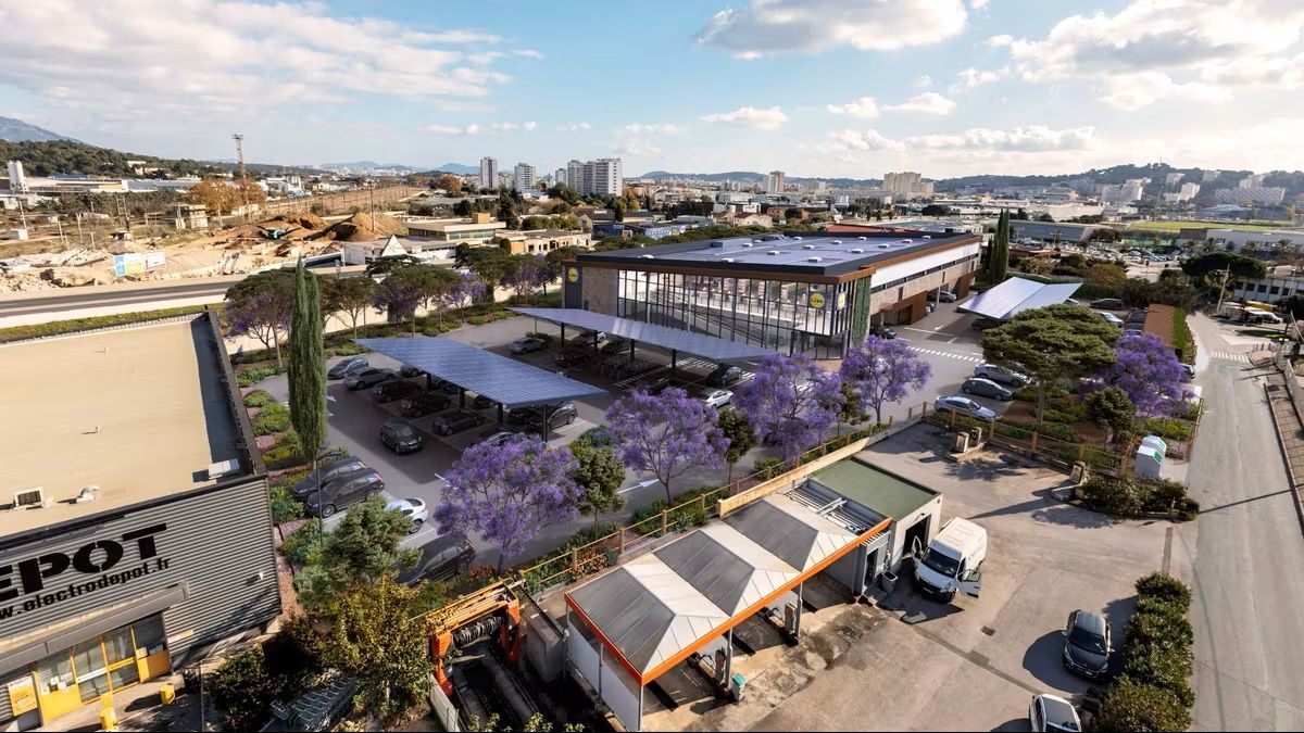 Vue aérienne d'un centre commercial avec des arbres en fleurs violettes, des voitures garées et les routes environnantes en plein jour