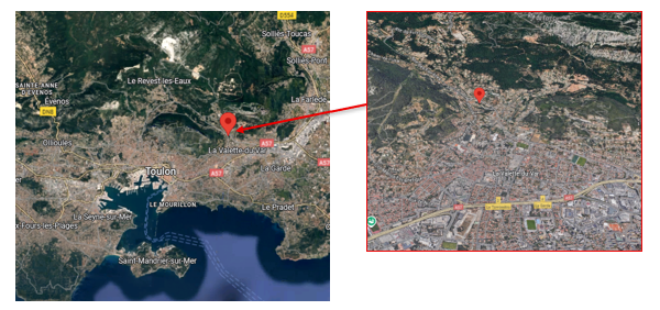 Carte satellite avec repère rouge et agrandissement d'une zone urbaine côtière