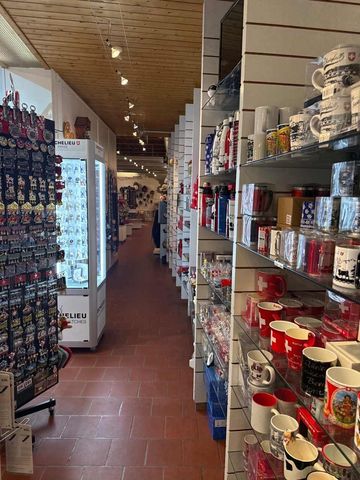 Innenansicht des Souvenirladens: Tassen, Schmuckstücke in Regalen, roter Fliesenboden, Deckenbeleuchtung.