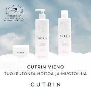CUTRIN Veno -hiustenhoitotuotteita pilvisen taivaan taustalla suomenkielisellä tekstillä