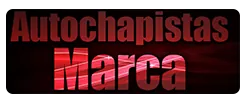 Logotipo con el texto rojo oscuro "Autochapistas" encima de la palabra "Marca" en una fuente roja brillante y texturizada sobre un fondo negro.