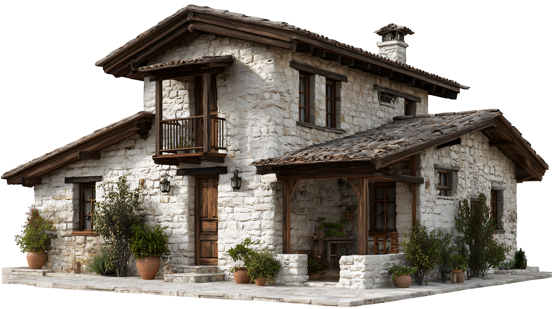 Maison en pierre avec toit de tuiles, balcon et porche, entourée de plantes en pot.