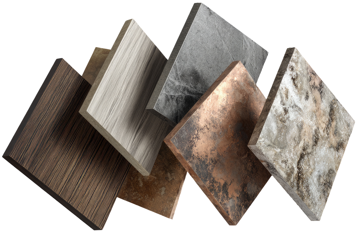 Carreaux carrés texturés assortis dans des tons de brun, de gris et de beige.