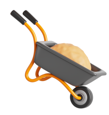 Brouette orange remplie de sable.