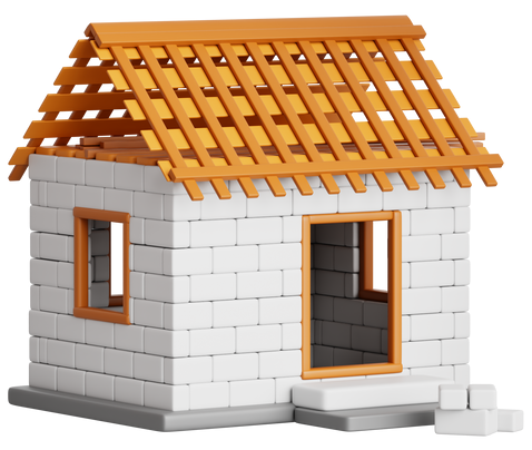 Maison de jouets en construction, avec des murs en briques et une charpente de toit en bois.