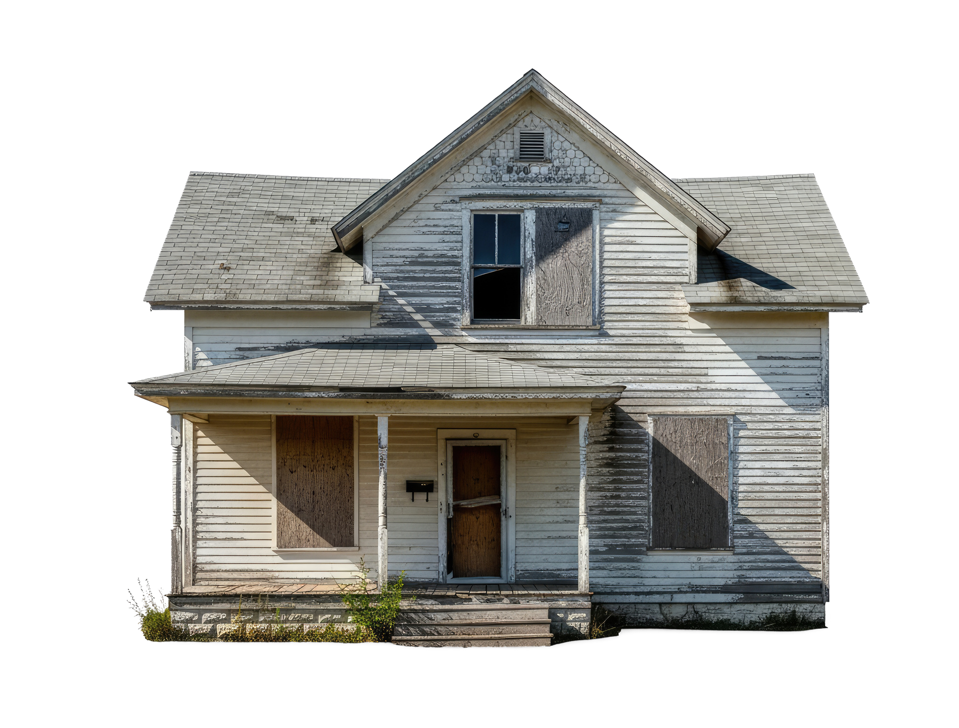Maison délabrée de deux étages, aux fenêtres condamnées et à la peinture blanche écaillée.