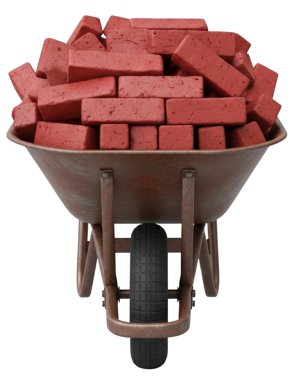 Brouette remplie de briques rouges.