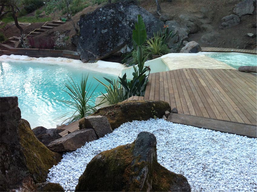 Piscine avec verdure et terrasse en bois
