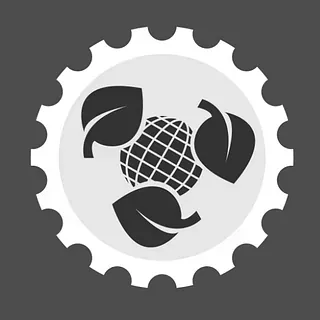 Un engranaje con un globo y hojas en su interior.