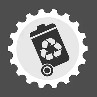 Un bote de basura con un símbolo de reciclaje está en un engranaje.