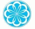 Une fleur bleue et blanche dans un cercle sur fond blanc.