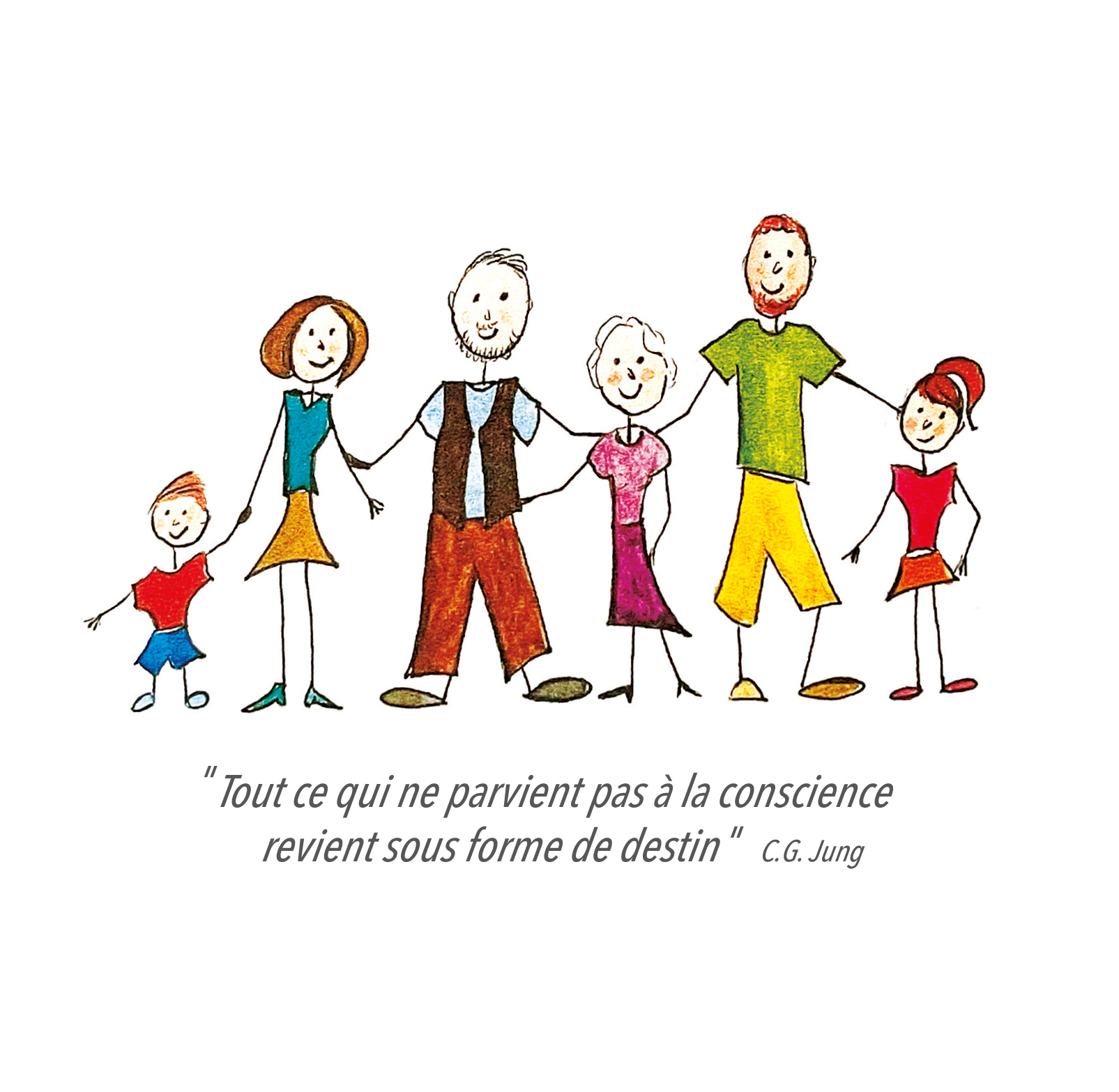 Un dessin d'une famille se tenant la main avec une citation de CG Jung