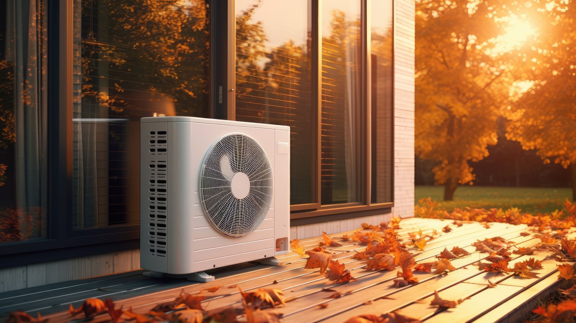 Une pompe à chaleur avec des feuilles autour