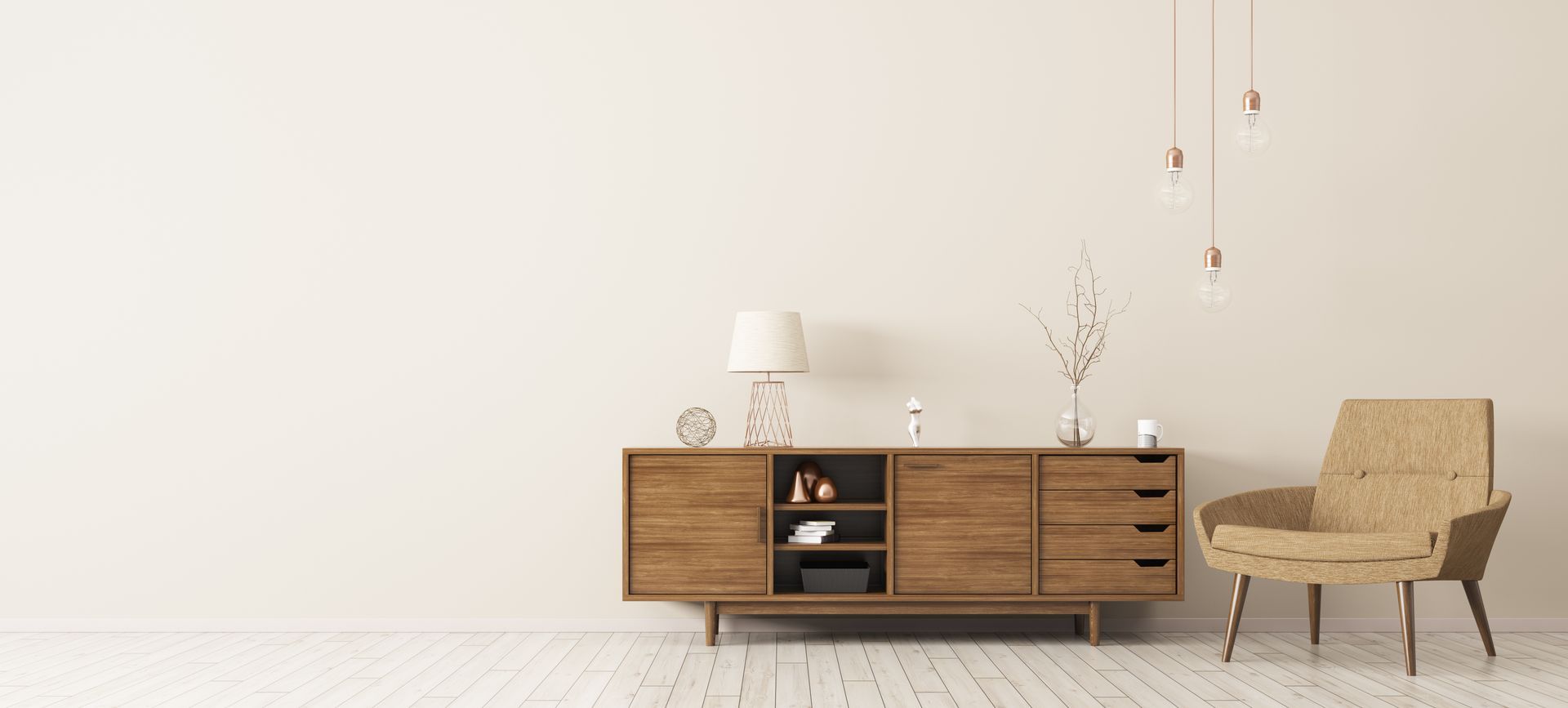 Armoire et chaise en bois contre un mur de couleur crème, salon minimaliste.