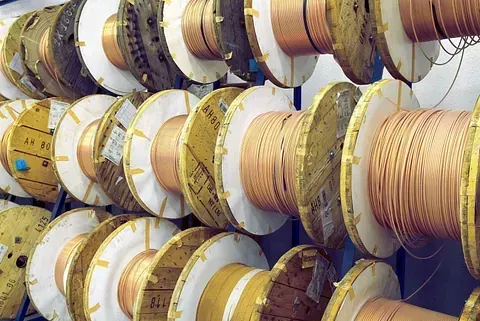 Un montón de carretes de alambre están alineados en un estante