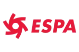 Un logotipo rojo y blanco para España sobre un fondo blanco.