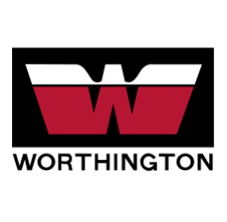 Un logotipo rojo y blanco de Worthington sobre un fondo blanco.