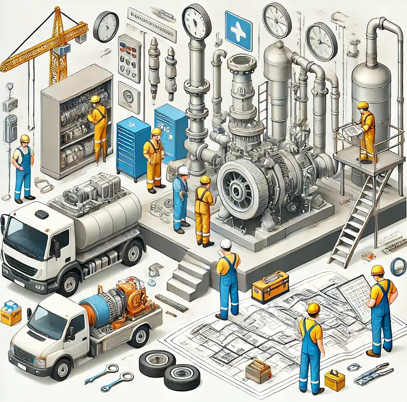 Es una ilustración isométrica de una fábrica en construcción.
