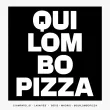Cuadrado negro con "QUILOMBO PIZZA" en letras blancas en negrita, dirección debajo.
