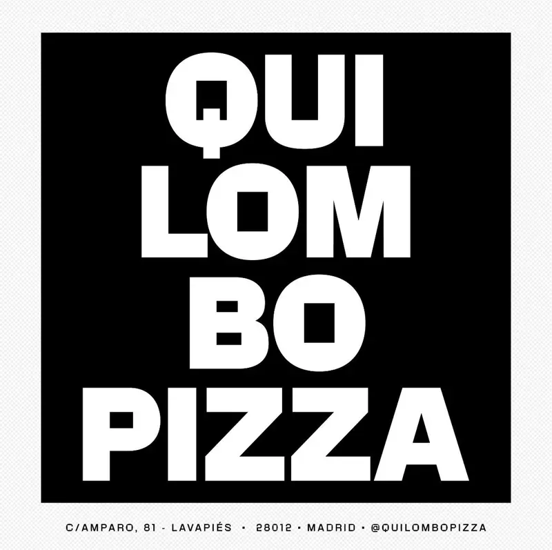 Cuadrado negro con "QUILOMBO PIZZA" en letras blancas en negrita, dirección debajo.