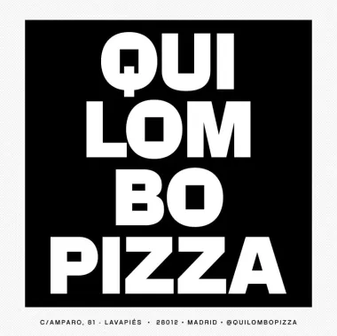 Cuadrado negro con "QUILOMBO PIZZA" en letras blancas en negrita, dirección debajo.