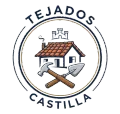 Logotipo de Tejados Castilla con un tejado de casa, un martillo y una paleta cruzados, y el emblema de un castillo en azul y naranja.