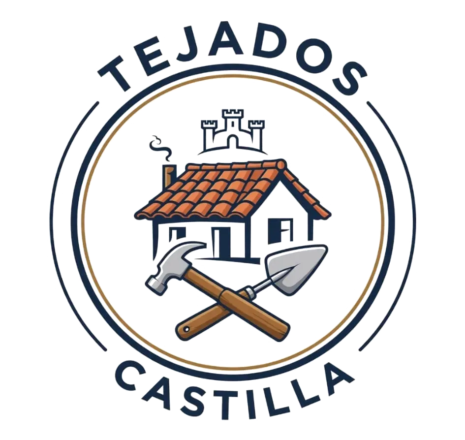 Logotipo de Tejados Castilla con un tejado de casa, un martillo y una paleta cruzados, y el emblema de un castillo en azul y naranja.