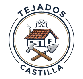 Logotipo de Tejados Castilla con un tejado de casa, un martillo y una paleta cruzados, y el emblema de un castillo en azul y naranja.