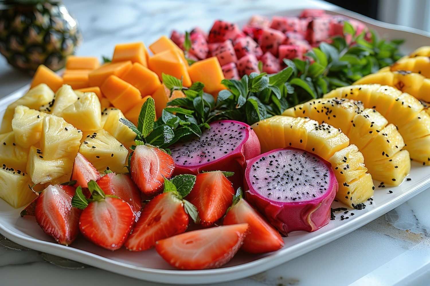 Una bandeja de frutas coloridas, que incluye piña, mango, fresas, fruta del dragón y sandía.