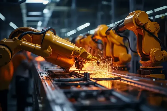 Una fila de brazos robóticos están soldando metal en una fábrica.