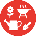 Cercle rouge avec des icônes représentant une fleur, un barbecue, un arrosoir et une pelle.