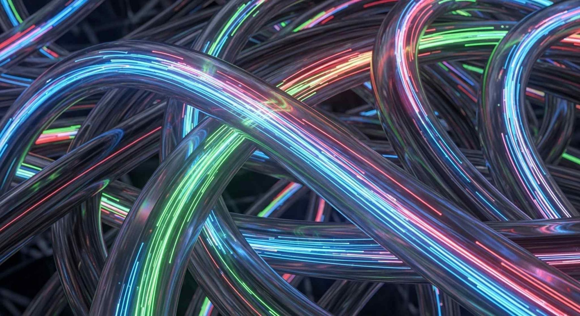 Cables y alambres multicolores brillantes enredados sobre un fondo oscuro.