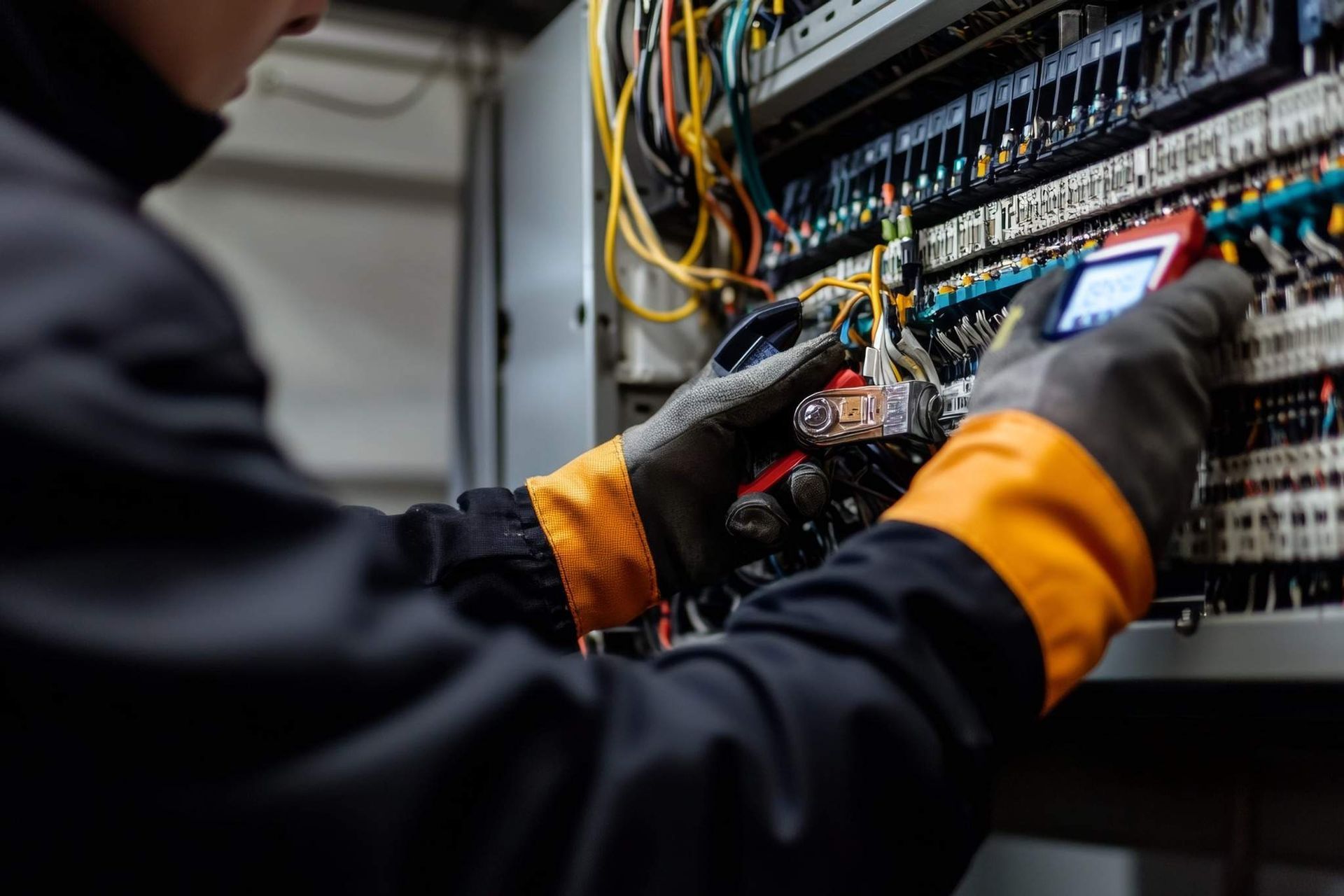 Técnico inspeccionando el panel de control eléctrico dentro del armario de servicios.