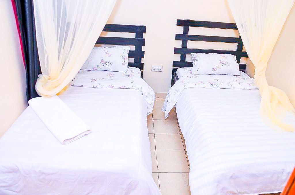 There are two beds in the room with mosquito nets.