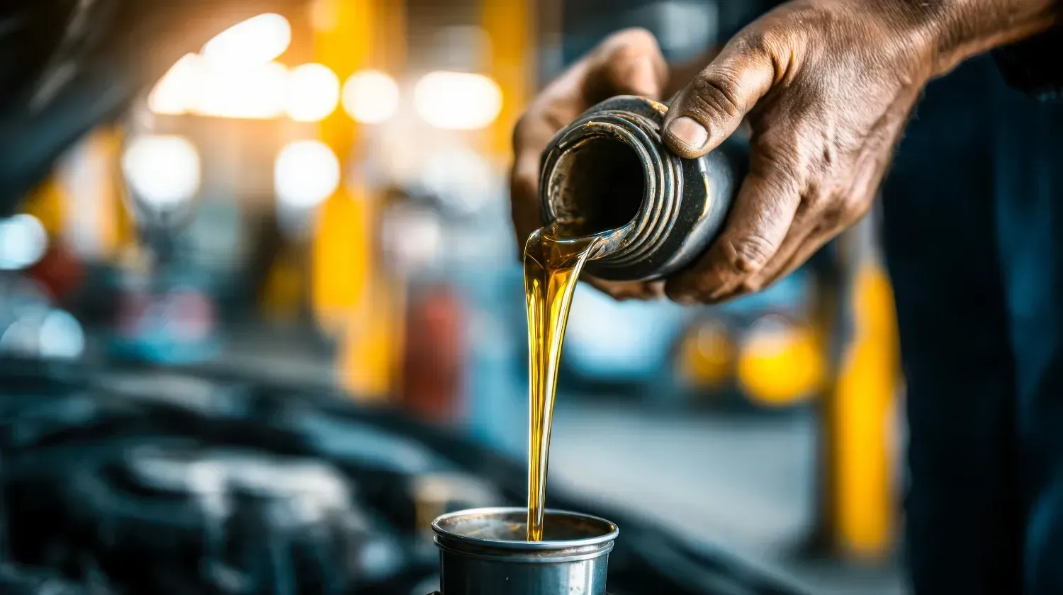 Mecánico vertiendo aceite de una botella en el motor de un automóvil; interior de una tienda.