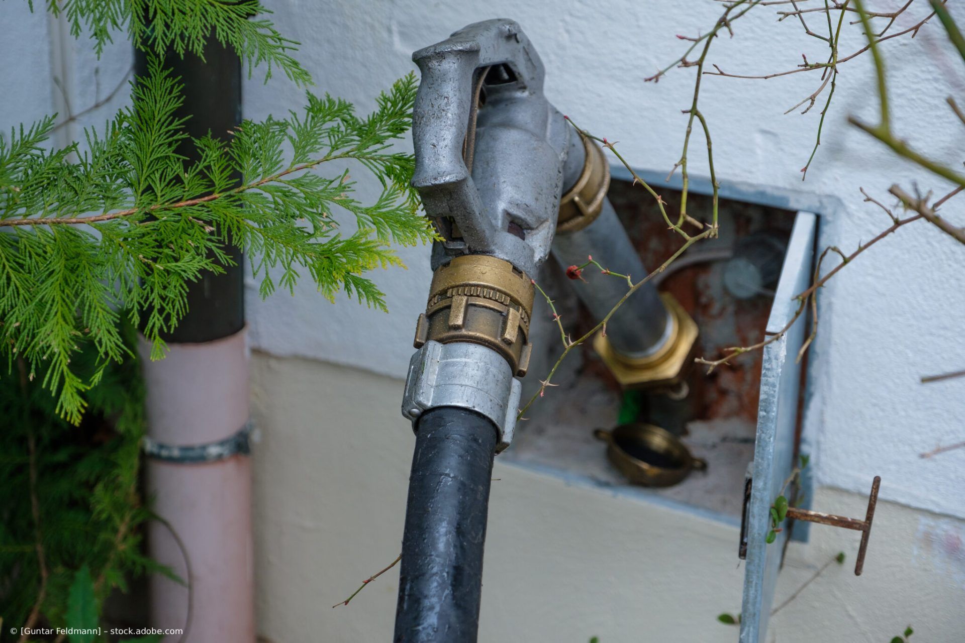 Ein Gartenschlauch ist an einen Außenwasserhahn mit Metalldüse an einer Wand angeschlossen.