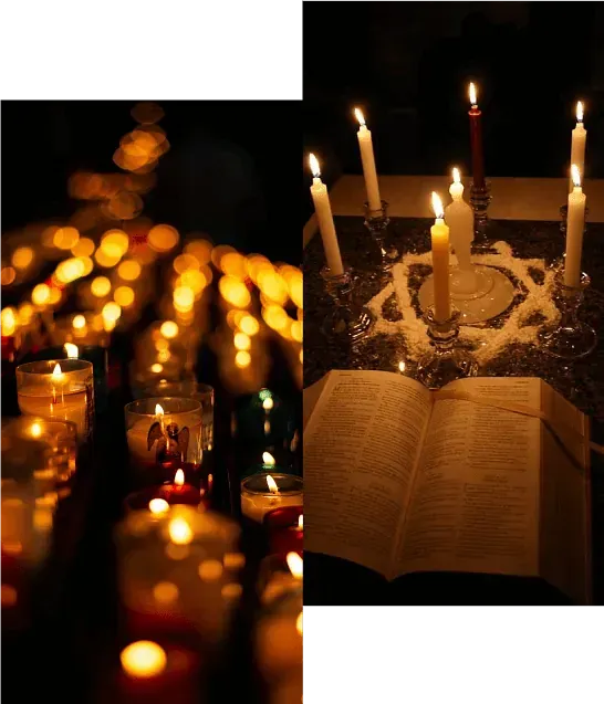 Dos imágenes de velas y un libro sobre una mesa.