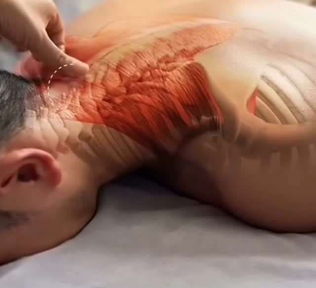 Masaje de cuello y hombros con superposición esquelética y muscular, resaltando zona de molestia.