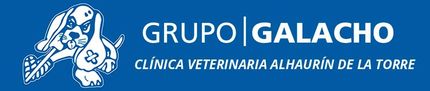 A blue logo for grupo galacho clinica veterinaria alhaurin de la torre