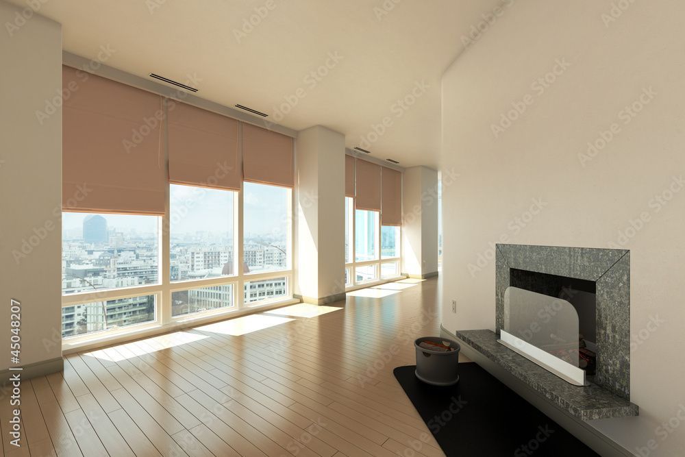 Leeres Wohnzimmer mit grossen Fenstern, Stadtblick, Kamin und Parkettboden.