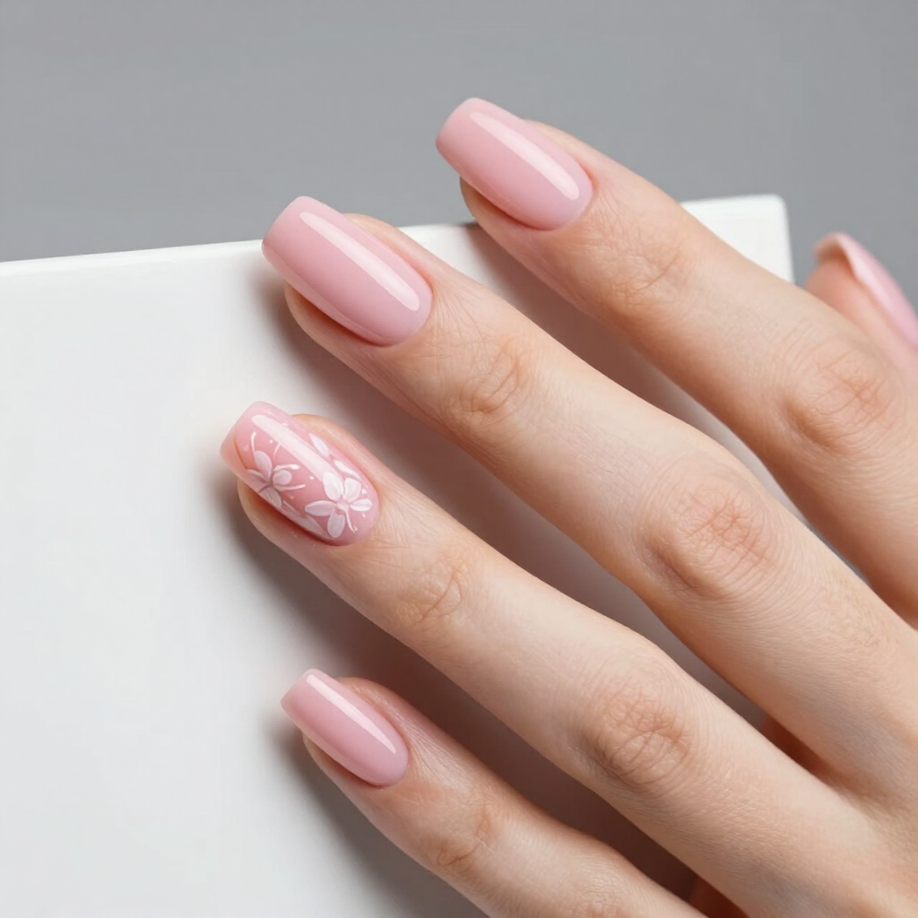 Mano con manicura rosa pálido, una uña decorada con un diseño floral blanco, apoyada sobre una superficie blanca.